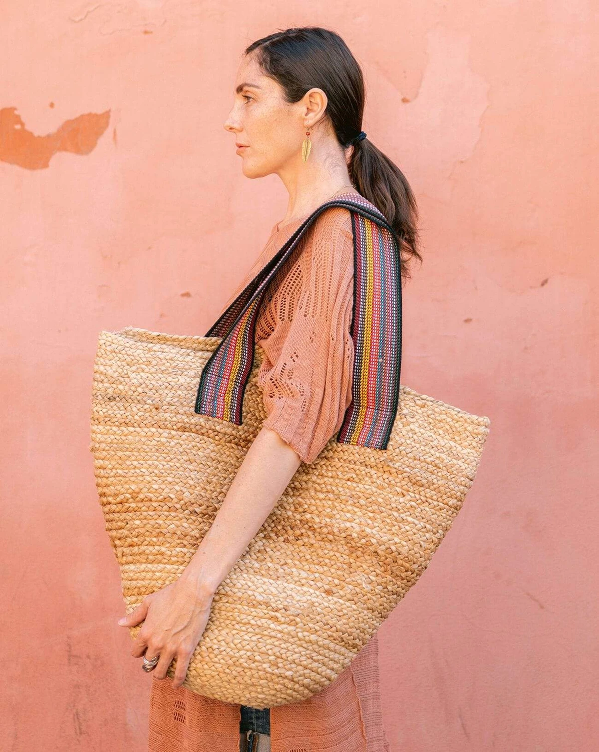 Jute Tote w/ Multi Color Straps
