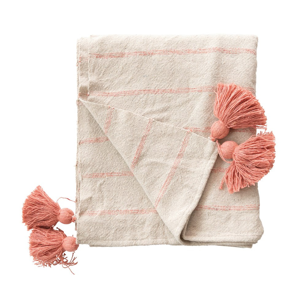 Cotton Blend Throw w/ Stripes and Tassels