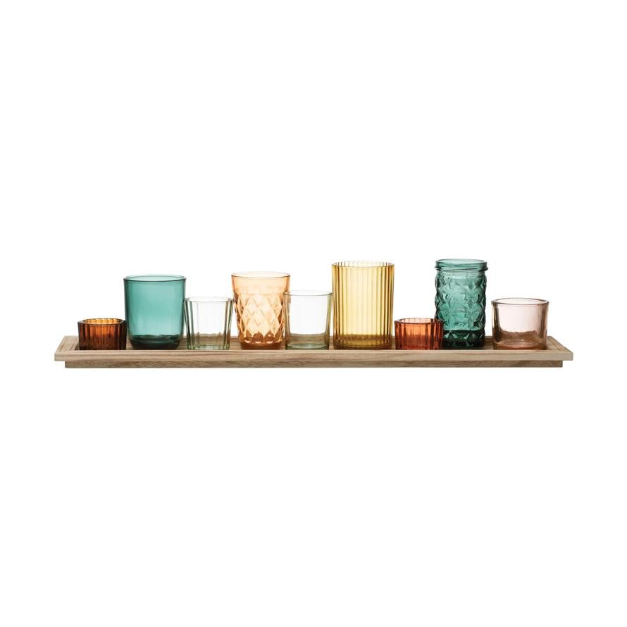 Embossed Glass Votive Holders with Tray, Set of 10