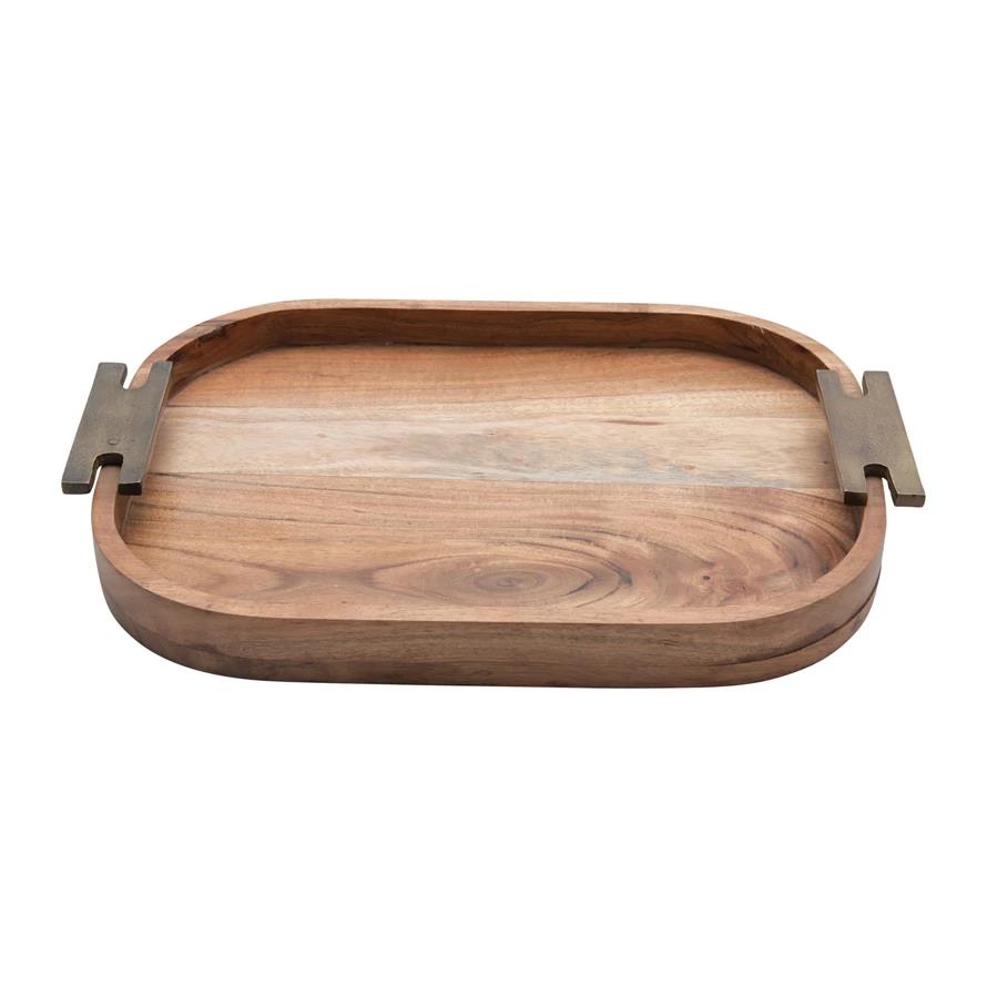 Acacia Wood Tray w/ Metal Handles